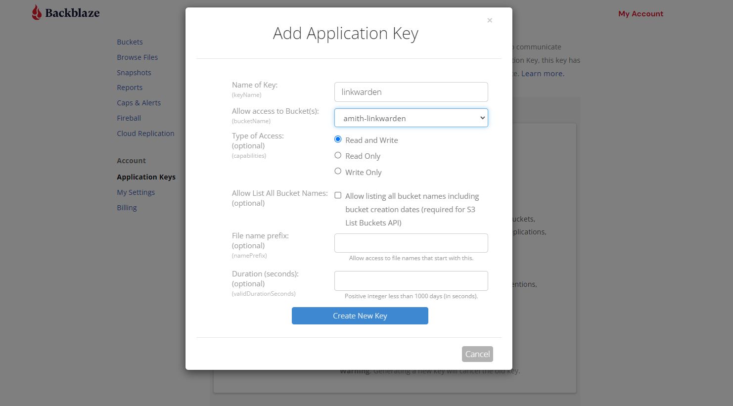 creating a new application key