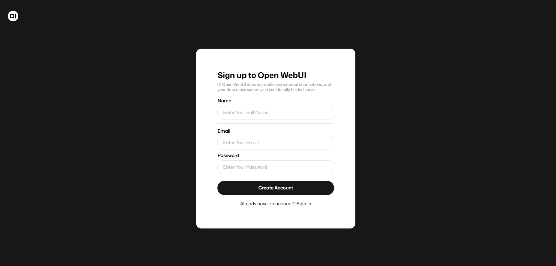 signup page of Open WebUI interface